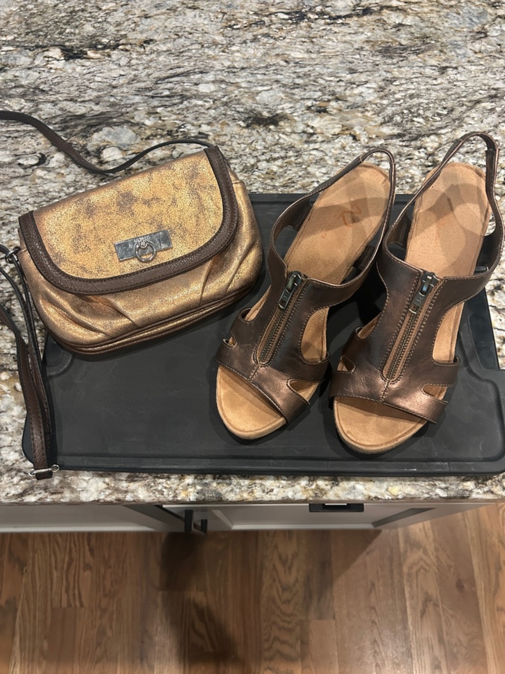 A2 By Aerosoles Metallic Bronze Zip Slingback Sandals with Rosette Crossbody